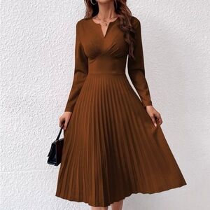Pleated Midi Dress in Rich Brown
